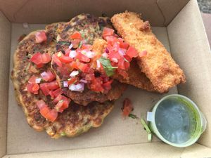 Corn fritters with crumbed tofu at Dicki's in New Farm