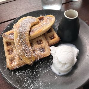 Buckwheat waffles with vanilla bean ice cream and caramelised banana at Dicki's in New Farm