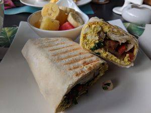 Breakfast burrito, vegan version. Home made bread! at Cafe Tropical in Koh Lipe