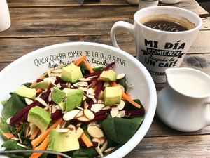 Vegan option: salad and coffee with almond milk.  at DoceCuarenta in La Paz