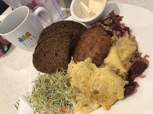 hippie hash with impossible sausage and just egg, also they have vegan butter  at Anna's House - E Beltline in Grand Rapids