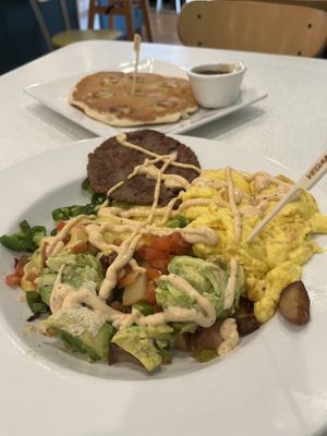 Vegan Southwest Chipotle Bowl with Vegan Eggs & Vegan Pancake with Banana   at Anna's House - E Beltline in Grand Rapids
