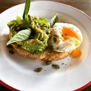 Crushed Avocado; poached egg, vietnamese basil, coriander, toasted seeds  at Biang Bistro in Da Lat