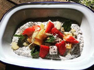 Chia Seed Breakfast Bowl; seasonal fruit, shaved coconut, toasted almonds  at Biang Bistro in Da Lat