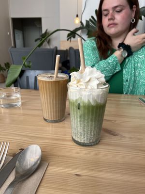 Islatte (ice latte) and iced creamy matcha latte   at Jord in Malmo