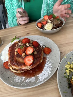 Seasonal American style pancakes and an açai bowl  at Jord in Malmo