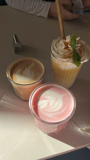 Latte, beetroot latte, golden juice  at Jord in Malmo