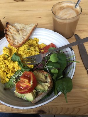 Amazing food, and the coffee is great. Great study atmosphere and outdoor seating. Cashless, nice English speaking staff. I got the tofu scramble for around 90kr and it was great! at Jord in Malmo