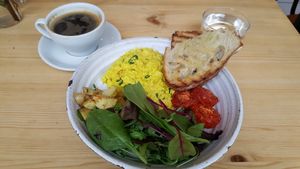Coffee & scrambled tofu dish at Jord in Malmo