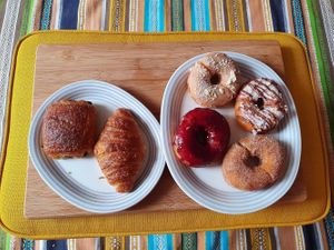 Pain au chocolat, croissant and donuts with blueberry and basil, white chocolate, coconut and sugar/cinnamon flavouring at Bageri Leve in Malmo