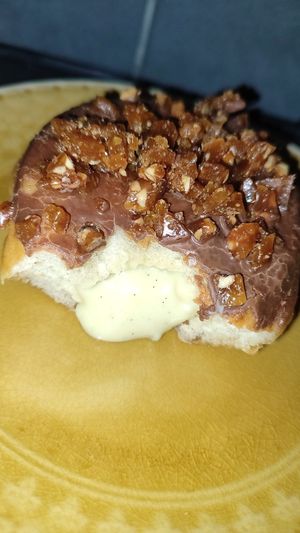 Friday donut with vegan daim, filled with vanilla cream at Bageri Leve in Malmo