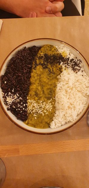 Lentil dhal with white and black rice at Riz Riz - Marais in Paris