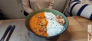 "Mango Massala" Mango, zucchini & pineapple yellow & sweet curry with tomatoes, red peppers, garlic & onions, on a bed of fragrant jasmine rice at Riz Riz - Marais in Paris