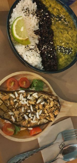 Aubergine starter, palak with black rice at Riz Riz - Marais in Paris