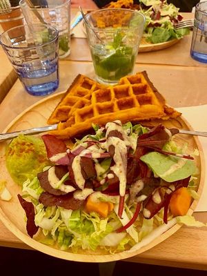 Sweet potato waffle with salad and homemade guacamole  at Riz Riz - Marais in Paris