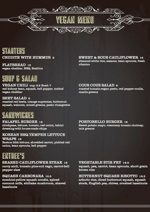 Vegan menu! at Humphrey's Tavern in Glen Gardner