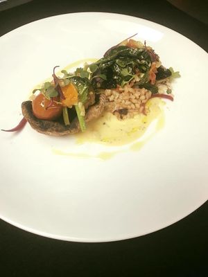 Our Vegan Special for this week: Stuffed Portobello Cap with farro, savoy spinach, wilted tomato, yellow squash, spiced coconut milk sauce, & hazelnut at Humphrey's Tavern in Glen Gardner