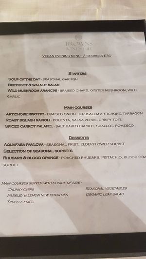 Vegan menu (May 2019) at Brown's in Londonderry