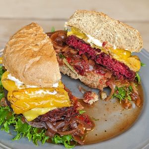 Vegan Berlin Burger with Beetroot Patty at Halifax Burgers in Frederiksberg