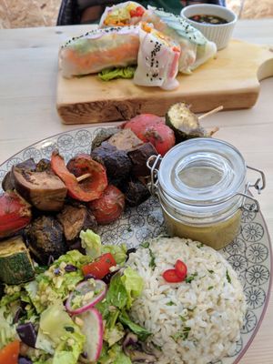 Vegetable Kebabs with Spicy Satay Sauce and Summer rolls at The Greenhouse Eatery in Doncaster