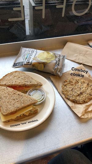 Chickpea salad sandwich & cowboy cookie. Both vegan.  at Blue State Coffee in Hartford