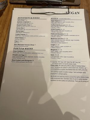 Separate vegan menu  at Bam Bam Italian in Avonsleigh