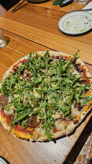 Mushroom and olive pizza, not very mushroomy, added vegan pepperoni, gluten free base as their regular bases aren't vegan at Bam Bam Italian in Avonsleigh