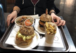 Vegan burger and salad bowl (back) veggie burger and vegan chips (front) at Veg&Veg in Rome