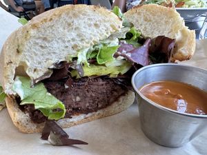 Plant it burger house made burger   at Wild Goat Bistro in Petaluma