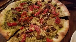 Gone Wild Pizza ~ kale pesto, eggplant, roasted tomatoes and kalamata olives at Wild Goat Bistro in Petaluma