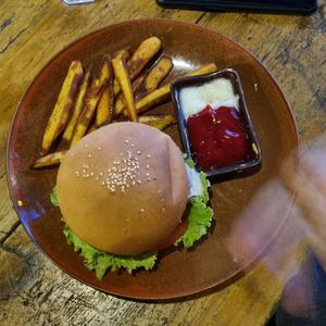 Burger w sweet potato fries at The Fisherman Vegan Restaurant   in Hoi An