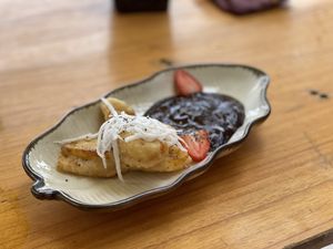 Banana fritters with chocolate mousse - The Fisherman Vegan Restaurant, An Bang Beach, Hoi An  at The Fisherman Vegan Restaurant   in Hoi An