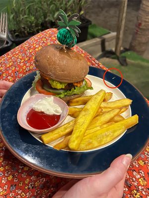 Vegan burger with sweet potato fries  at The Fisherman Vegan Restaurant   in Hoi An