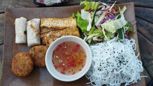 Noodles with falafel and tofu, this dish is incredible! at The Fisherman Vegan Restaurant   in Hoi An