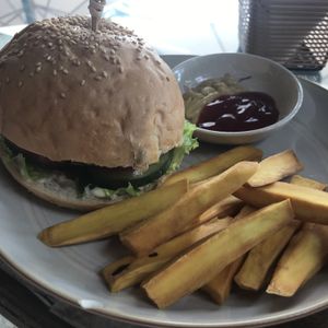 Veg burger and fries at The Fisherman Vegan Restaurant   in Hoi An