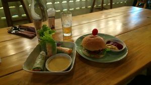 Spring rolls, Vegan burger, chocolate mousse at The Fisherman Vegan Restaurant   in Hoi An