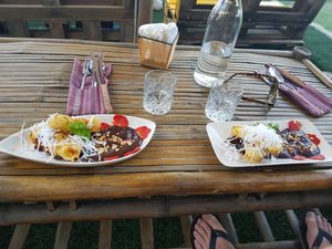 Chocolate mousse with banana tempura at The Fisherman Vegan Restaurant   in Hoi An