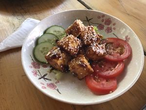 Grilled tofu (tastes like braised tofu). Super good at The Fisherman Vegan Restaurant   in Hoi An
