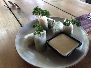 Summer rolls with kimchi & a tahini dipping sauce. So good. Huge portion for a starter at The Fisherman Vegan Restaurant   in Hoi An