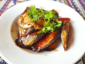Fried eggplants at Phong Nha Vegan in Phong Nha