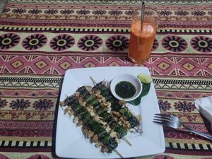 awesome dish with enoki mushrooms and mock meat at Phong Nha Vegan in Phong Nha