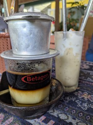 Vietnamese coffee (with soy) and banana and coconut smoothie at Phong Nha Vegan in Phong Nha