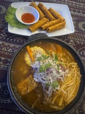 spring rolls and spicy soup  at Phong Nha Vegan in Phong Nha