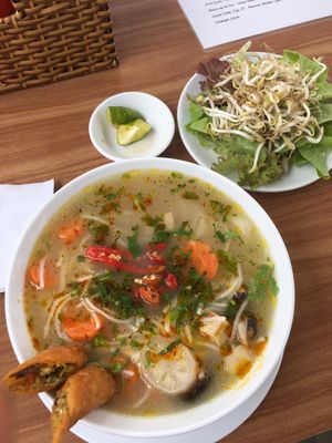 Soup with rice noodle nd spring rolls at Phong Nha Vegan in Phong Nha