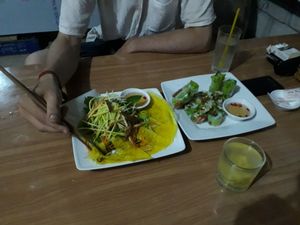 Banh xeo (left) and banh cuon (right) at Phong Nha Vegan in Phong Nha