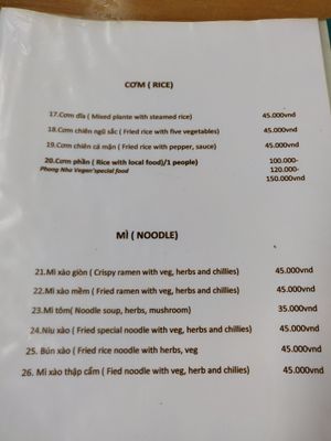 Prices at Phong Nha Vegan in Phong Nha