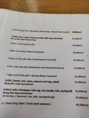 Menu prices at Phong Nha Vegan in Phong Nha