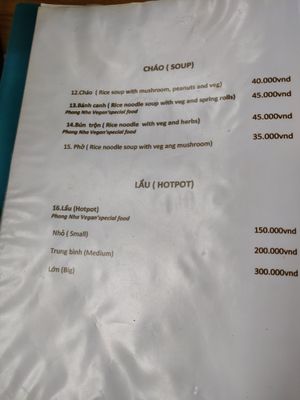 Menu at Phong Nha Vegan in Phong Nha