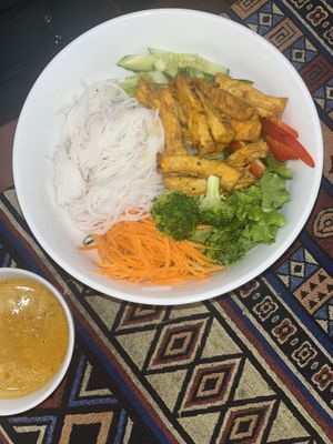 Vegan noodle bowl  at Bamboo Chopsticks in Phong Nha