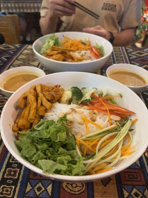 Vegan noodle bowl  at Bamboo Chopsticks in Phong Nha